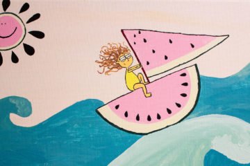 A whimsical painting of a child on a watermelon boat by Averilda Haze