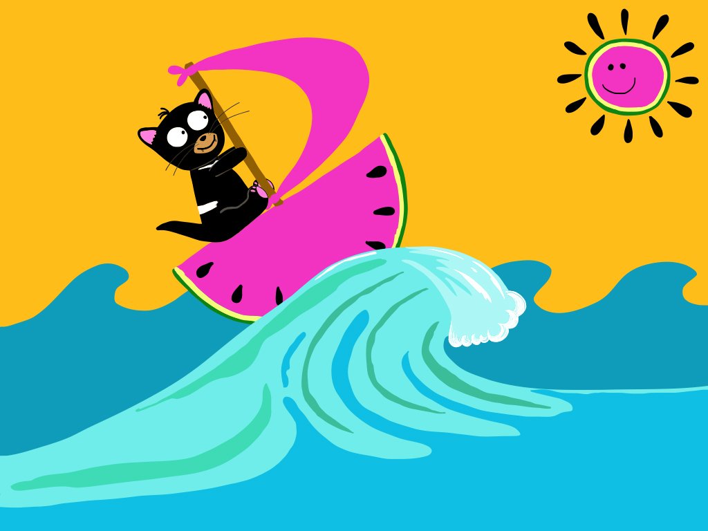 hand drawn illustration of a Tasmanian Devil sailing on a watermelon.Tasmanian Devil Sets Sail