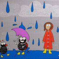 Whimsical cartoon of a smiling girl in a red raincoat and yellow boots standing with two cheerful black-and-white striped ladybugs in yellow boots, one holding a purple heart umbrella, under falling blue raindrops.