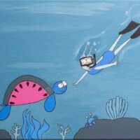 Playful cartoon illustration of a blue sea turtle with a bright pink spotted shell swimming beside a child in a blue swimsuit and snorkel gear underwater, with bubbles, coral and a small crab on the seabed.