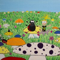 Whimsical hand-painted illustration of a child with spiky blonde hair standing in a bright meadow surrounded by colourful mushrooms and flowers, holding hands with a large smiling black beetle.