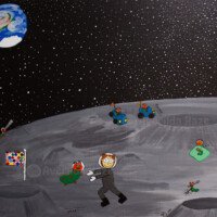 Playful children's illustration of a child in a grey spacesuit walking on the moon with a green caterpillar-like creature, toy cars, and a checkered START flag against a starry sky with Earth in the background.