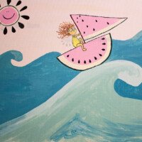 Whimsical cartoon illustration of a happy young girl with wild, wind-blown black hair and large round eyes, wearing a bright yellow swimsuit. She sits on a pink watermelon-slice boat with black seeds and a green rind, holding a black mast with a large pink sail.