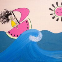 Playful cartoon illustration of a smiling blonde boy in a black cap and green shirt rowing a large pink watermelon-slice boat with a brown paddle across bright blue wavy water, with a small brown dog in the boat and a smiling watermelon sun in a pink sky.