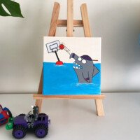Fun cartoon illustration of a gray shark wearing a purple cap jumping out of blue water to catch a red basketball, with toy cars and a hoop in the foreground.